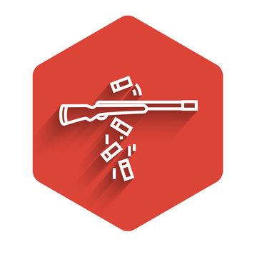recommend clip art: White line Gun shooting icon isolated with long shadow. Red hexagon button. Vector Illustration