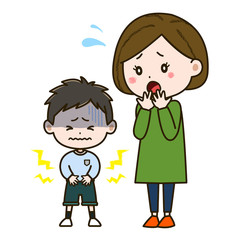 腹痛に苦しむ男の子と心配そうな母親　イラスト