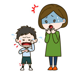 けがをした男の子と心配そうな母親　イラスト