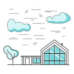 Thin line style suburban house. For web design and application interface. Real estate business illustration