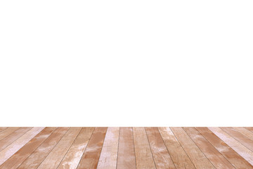 Wood table top isolated on white background. Used for product placement or montage.