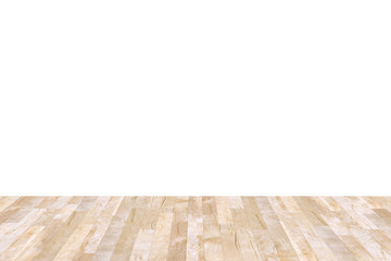 Wood table top isolated on white background. Used for product placement or montage.