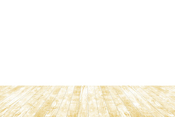 Wood table top isolated on white background. Used for product placement or montage.