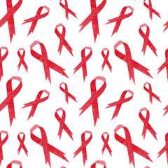 Watercolor seamless pattern of red ribbons on white background. National youth HIV and AIDS awareness day. Blood cancer