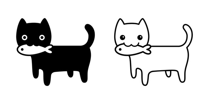 cat vector icon kitten calico logo symbol fish salmon tuna food cartoon character illustration doodle design