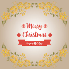 Card lettering of merry christmas happy holiday, with shape pattern of leaf flower frame. Vector