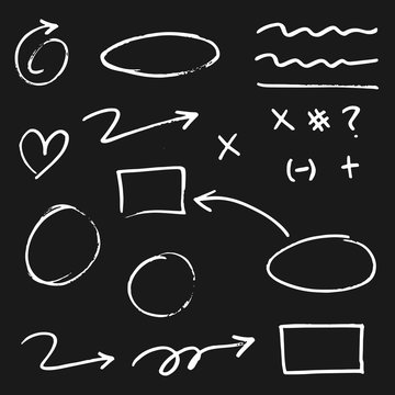 doodle design element. Doodle lines, Arrows, Check mark, circles and curves vector.hand drawn design elements isolated on black background.