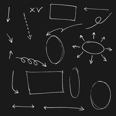 doodle design element. Doodle lines, Arrows, Check mark, circles and curves vector.hand drawn design elements isolated on black background.