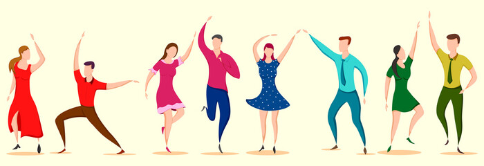 easy to edit vector illustration of group of dancing people friend colleague celebrating birthday, new year disco dance holiday