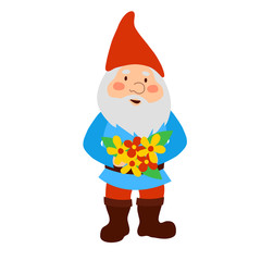 garden gnome holding a bouquet of flowers. Cartoon old man. People isolated on white background