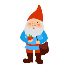  garden gnome with an apple in his hand. Cartoon bearded old man.