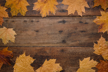 Autumn leaves on rustic wooden table. Thanksgiving background. Top view with copy space. - 302361058