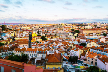 Aerial view of Lisbon, Portugal in the morning with view over old Alfama