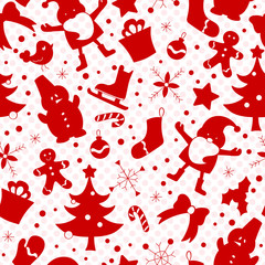 Seamless pattern on the theme of New year and Christmas, simple red silhouettes icons on a white background polka dot