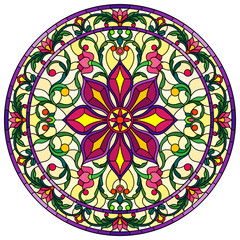 Illustration in stained glass style, round mirror image with floral ornaments and swirls,bright flowers on yellow background