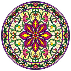 Illustration in stained glass style, round mirror image with floral ornaments and swirls,bright flowers on yellow background