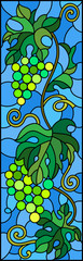 The illustration in stained glass style painting with a bunch of green grapes and leaves on blue background,vertical image