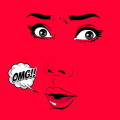 Picture of the front of the girl, Comic Style Female Faces, pop art speech bubbles doodle art  on red background, Vector illustration, EPS10.