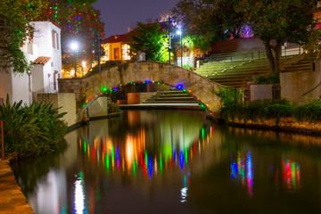San Antonio River Walk near S Presa St and Rosita's Bridge over San Antonio River in downtown San Antonio, Texas, USA.