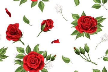 Red rose flower and soft petals elements seamless pattern