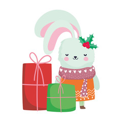 merry christmas cute rabbit with scarf sweater and gift boxes celebration