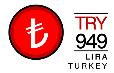 L, TRY, 949, Lira, Turkey Banking Currency icon typography logo banner set isolated on background. Abstract concept graphic element. Collection of currency symbols ISO 4217 signs used in country
