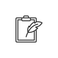 Feather pen and paper clipboard line icon. linear style sign for mobile concept and web design. Note pad and quill pen outline vector icon. Writing form symbol, logo illustration. Vector graphics