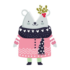 merry christmas celebration cute bear with sweater and holly berry