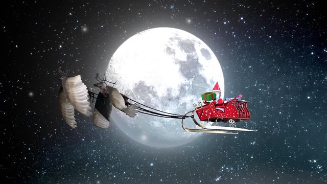 The 3D animation  Santa Claus playing gift box on sledge flying reindeer have wing with Full moon and star in background include snow environment.