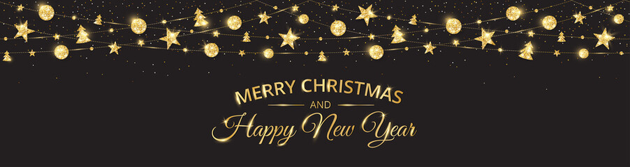 Fototapeta na wymiar Merry Christmas banner with sparkling gold decoration on black background