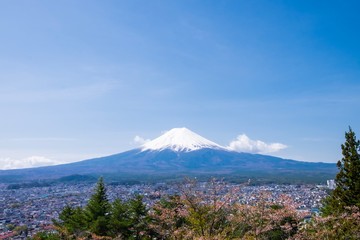 Landscape of Fuji Mt. with snow cap under blue sky, Fujiyoshida Japan