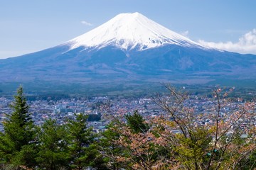 Fuji mt. with snow cap under blue sky