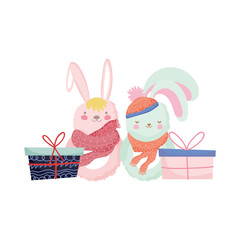 merry christmas celebration rabbits with scarf and gift boxes