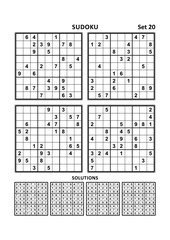 Four sudoku puzzles of comfortable (easy, yet not very easy) level, on A4 or Letter sized page with margins, suitable for large print books, answers included. Set 20.