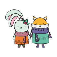 merry christmas celebration cute fox and rabbit with sweater and scarf snow