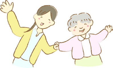 手描き風　おばあちゃん　女性　手を繋ぐ　笑顔　介護　介護士　家族