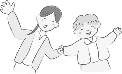 手描き風　おばあちゃん　女性　手を繋ぐ　白黒　笑顔　介護　介護士　家族
