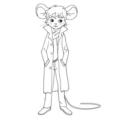 Cute cartoon mouse guy wearing coat and scarf and keep hands in pockets. Isolated object on white background. White and black vector illustration for coloring book.