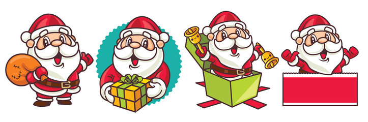 Merry Christmas. Cartoon Christmas Santa Claus set. Santa Claus with Christmas present and bag - vector characters