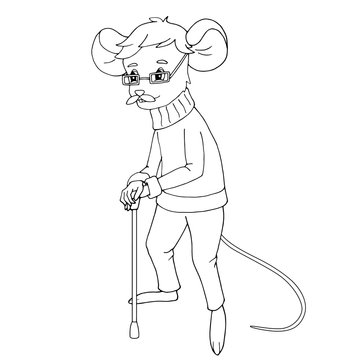 Cute cartoon grandfather mouse wearing sweater leans on a cane. White and black vector illustration for coloring book.