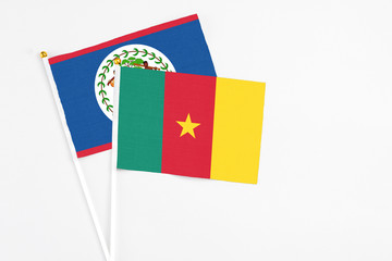 Cameroon and Belize stick flags on white background. High quality fabric, miniature national flag. Peaceful global concept.White floor for copy space.