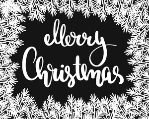 Merry Christmas Lettering and calligraphy on a black background with Christmas decoration. Vector logo, text design. Print for banners, greeting cards, gifts, fabric, paper. Vintage illustration