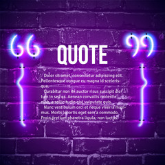 Retro neon glowing quote marks frame on the wall