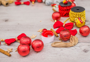 Christmas composition. red decorations on wooden background. Christmas, winter, new year handmade concept.
