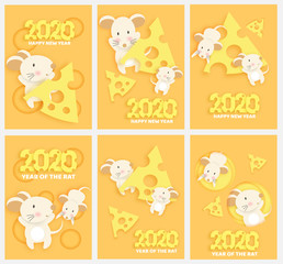 Set of new year card. Chinese new year 2020 year of the rat ,  paper cut rat character and cheese for greeting card , poster in paper cut and craft style ..