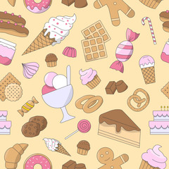 Candy background - Vector color seamless pattern of sweet food for graphic design