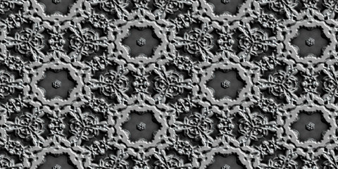 Ornamental embossed 3D metallic background. Seamless pattern. Rendering illustration.