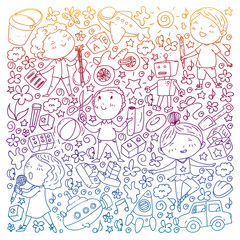 Painted by hand style pattern on the theme of childhood kindergarten. Vector illustration for children design.