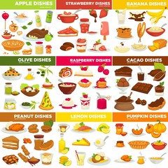 Cooking dishes, poultry and desserts, porridge and salad isolated icons