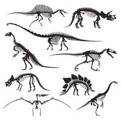 Prehistoric animals bones, dinosaur skeletons isolated icons © Sonulkaster